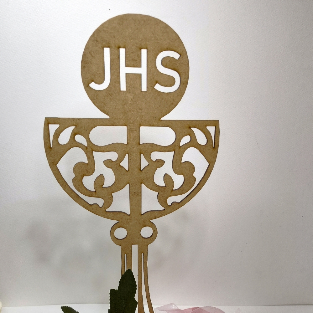 Holy Chalice Cake Topper. Wooden Grial First Holy Communion JHS Cake Topper. - Picture 3 of 8